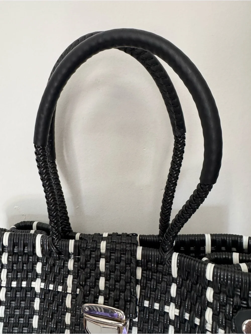 Handmade Mexican Black & White Woven Plastic Large Tote Bag with Top Handle-New